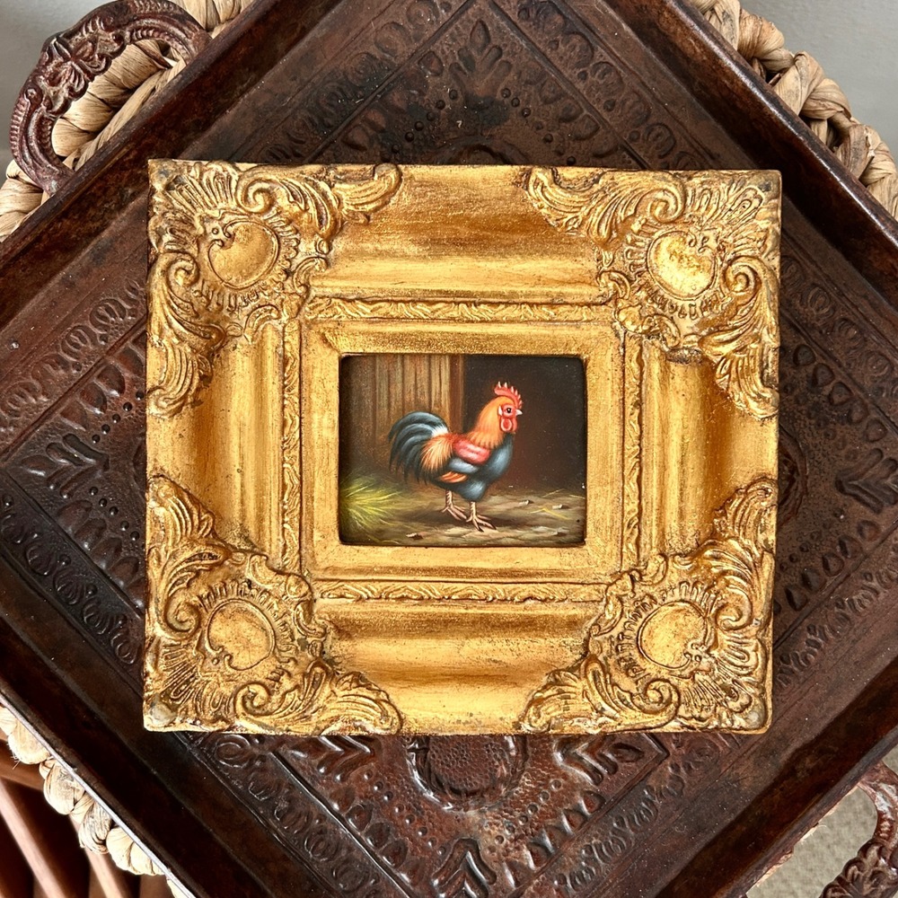 Vintage Miniature Rooster Oil Painting Ornate Gold Gilt Wood Frame Farmhouse Art